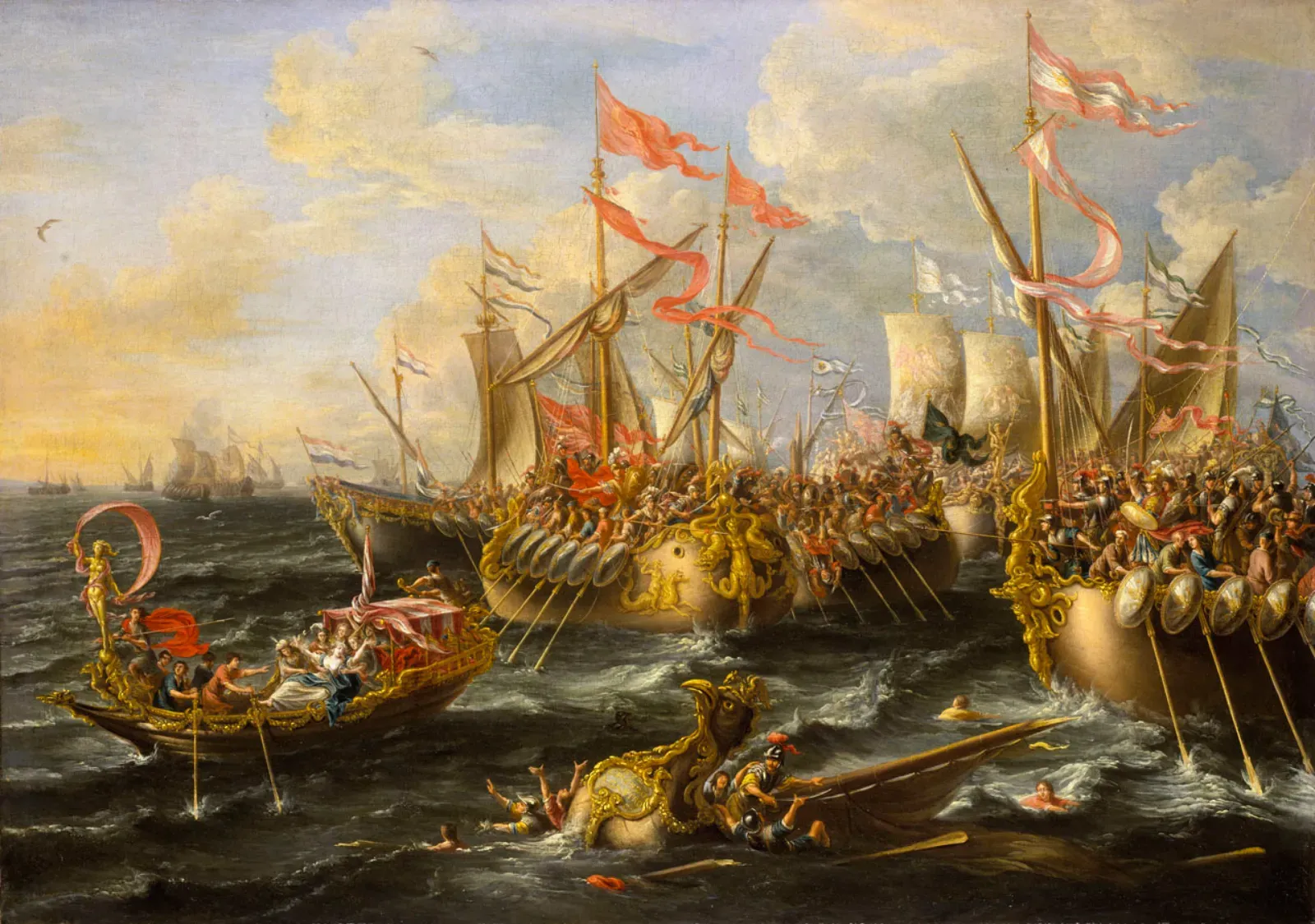 pintura barroca de la batalla de accio: galeras con estandartes rojos chocando entre el humo, y la barcaza dorada de cleopatra en primer término