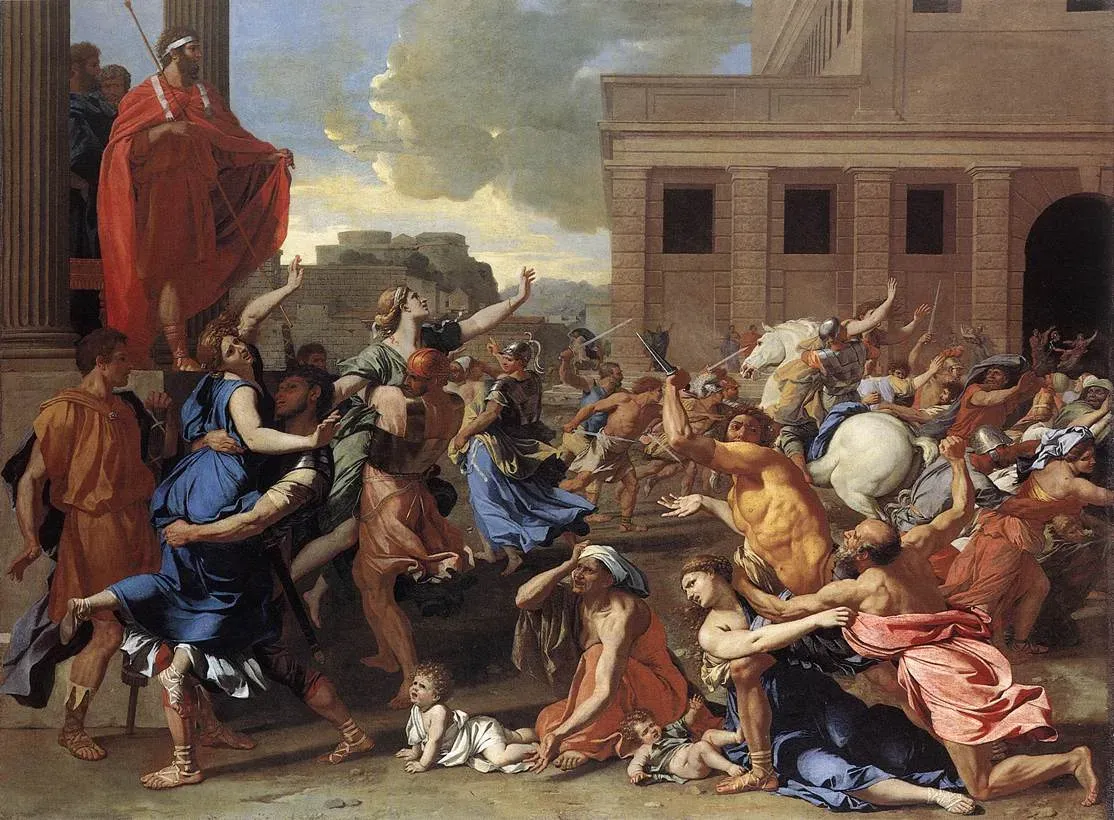 baroque painting by poussin showing roman soldiers seizing the sabine women amid the chaos