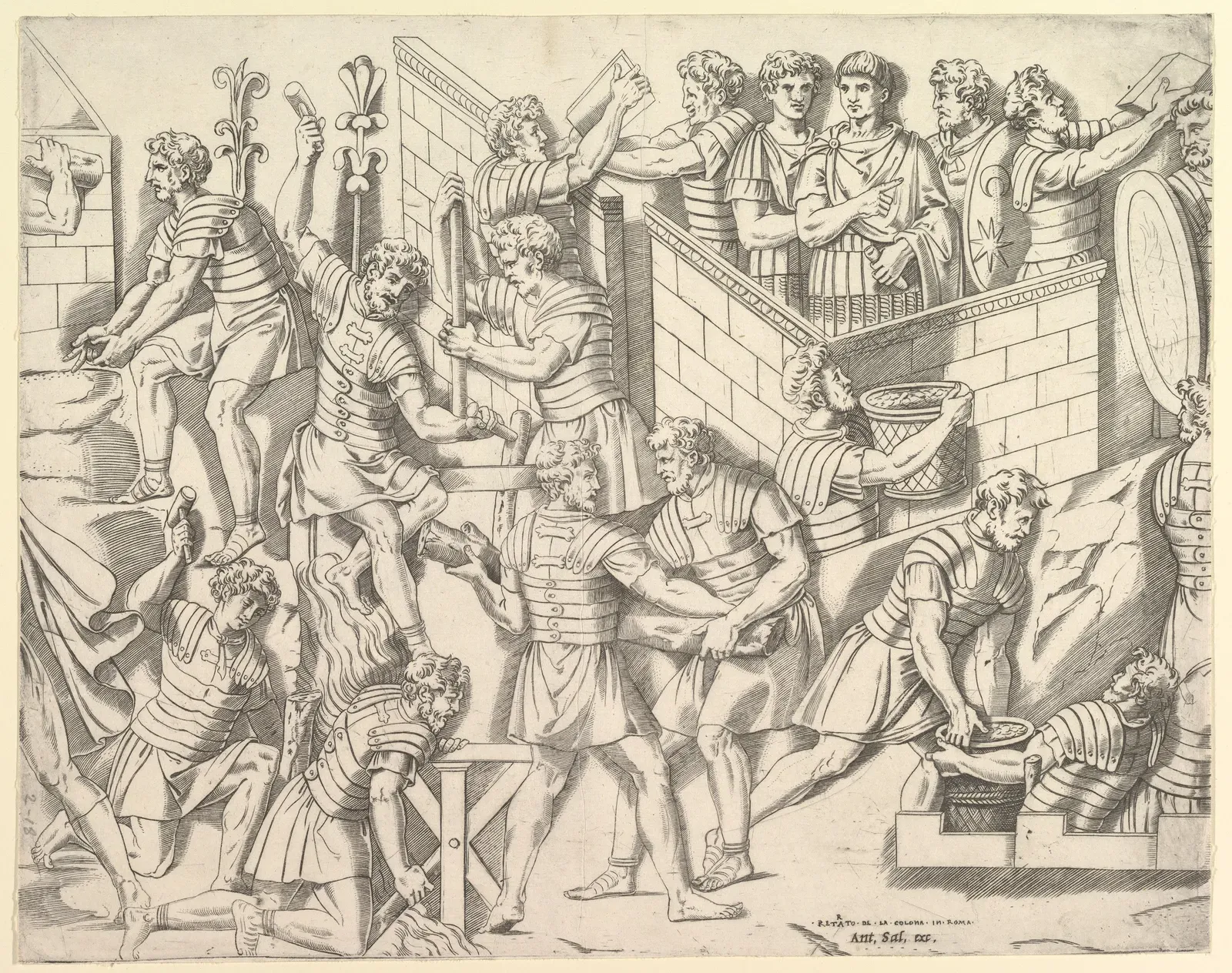 grabado del siglo xvi de marco dente sobre la columna trajana: soldados romanos fortificando su campamento de asedio