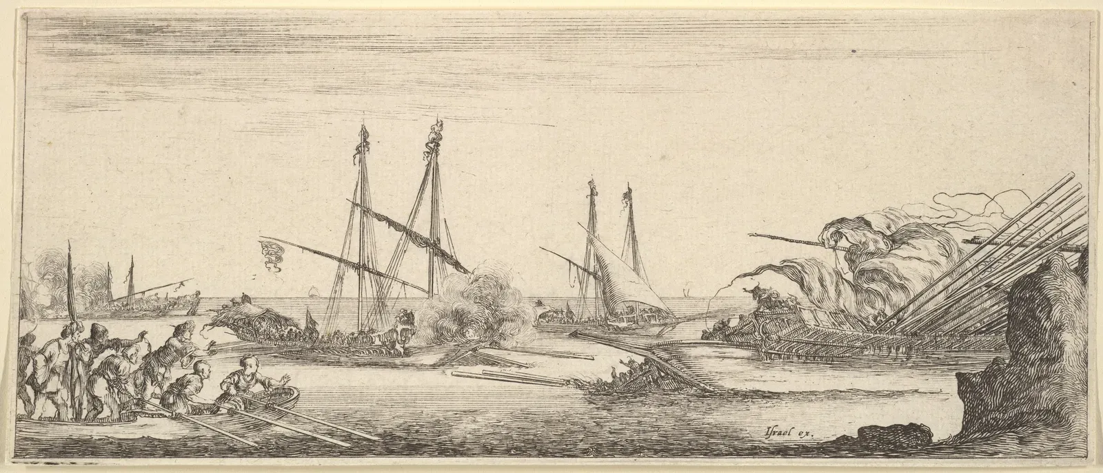 grabado de stefano della bella: batalla naval con una nave hundiéndose entre galeras