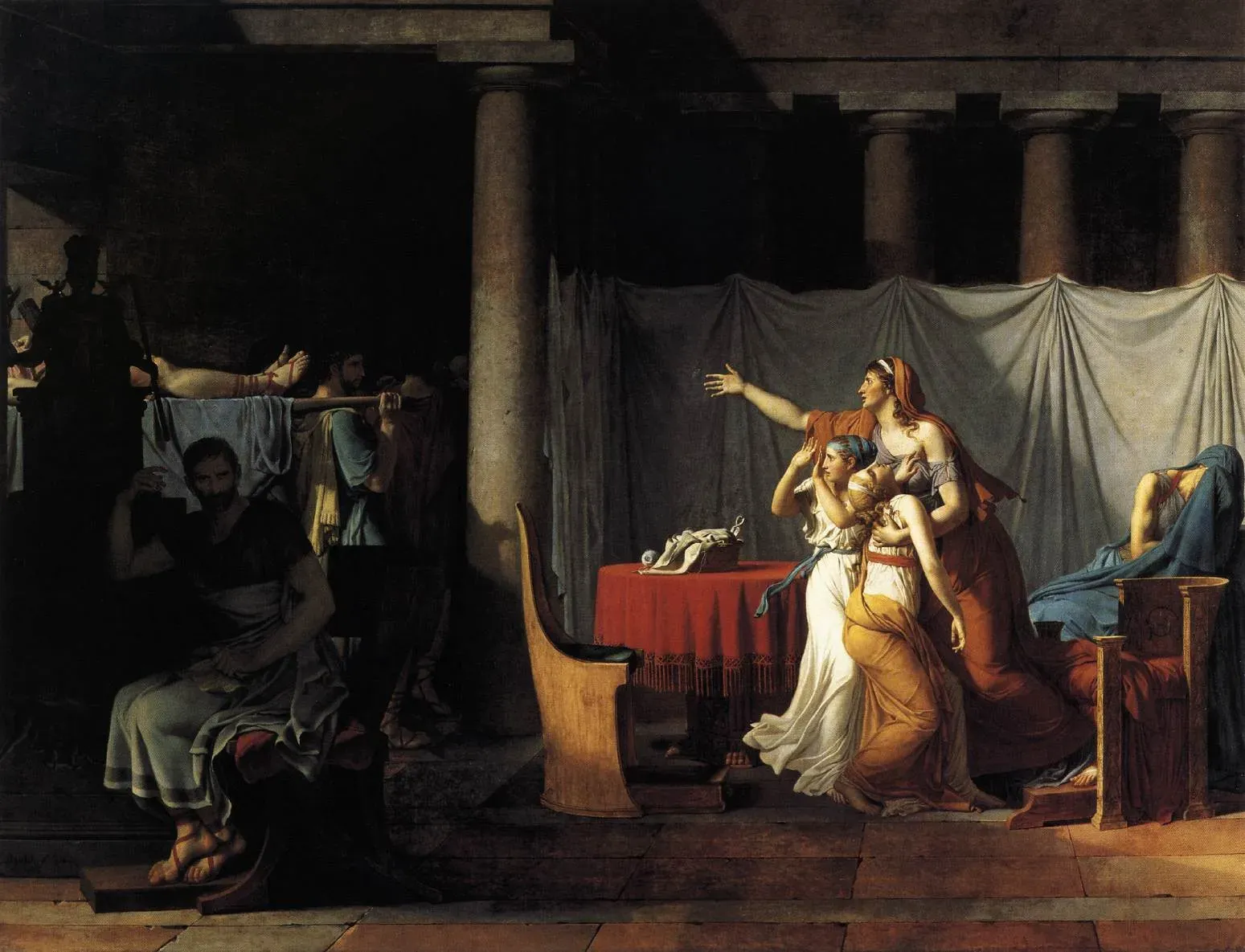 painting by david showing consul brutus remaining impassive while the bodies of his sons are brought in