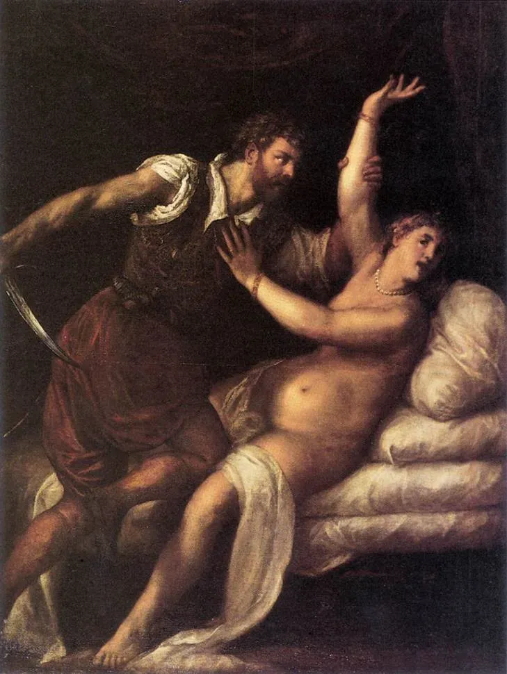 painting by titian with sextus tarquinius bursting sword in hand into lucretia's chamber
