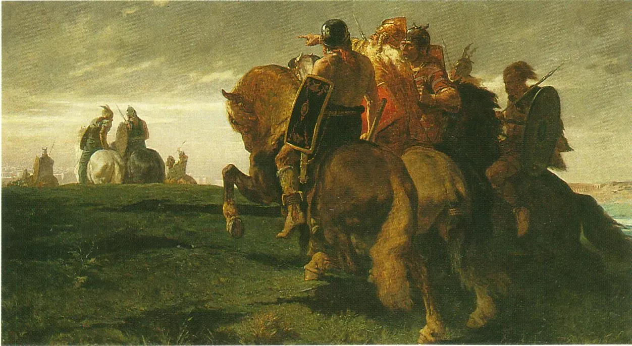 xix-century painting with the gallic warriors gazing at a defenceless rome after the defeat at the river allia