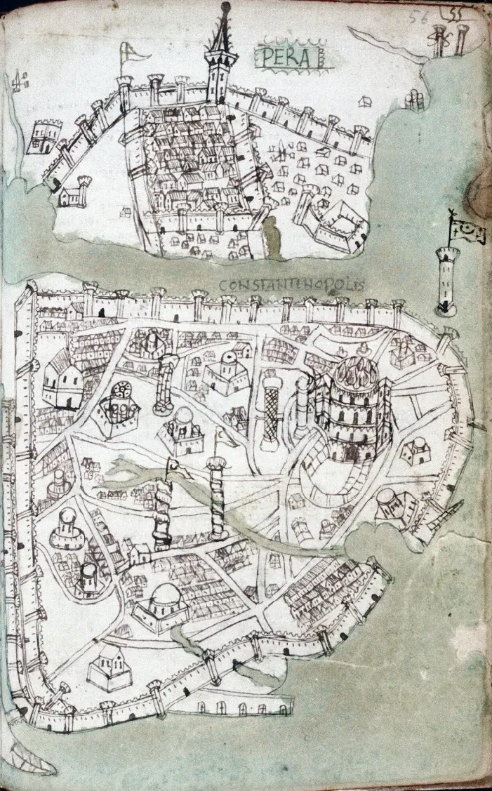 medieval map of walled constantinople over the strait of the bosphorus