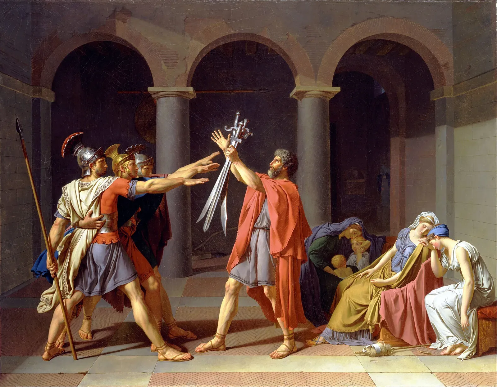 neoclassical painting by david showing the three horatii brothers swearing loyalty to rome before their father
