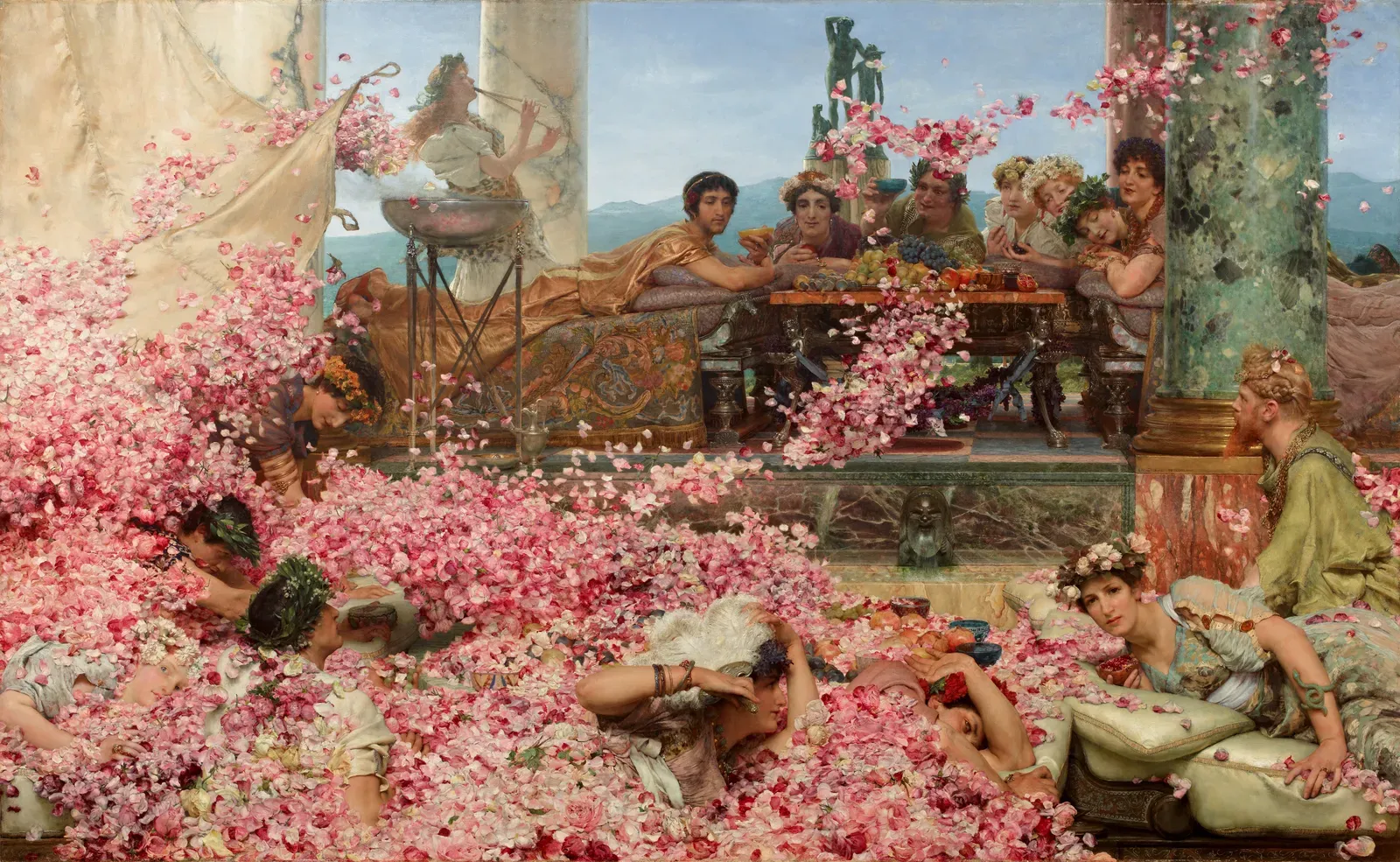 painting by alma-tadema: guests buried under a cascade of rose petals at an imperial banquet