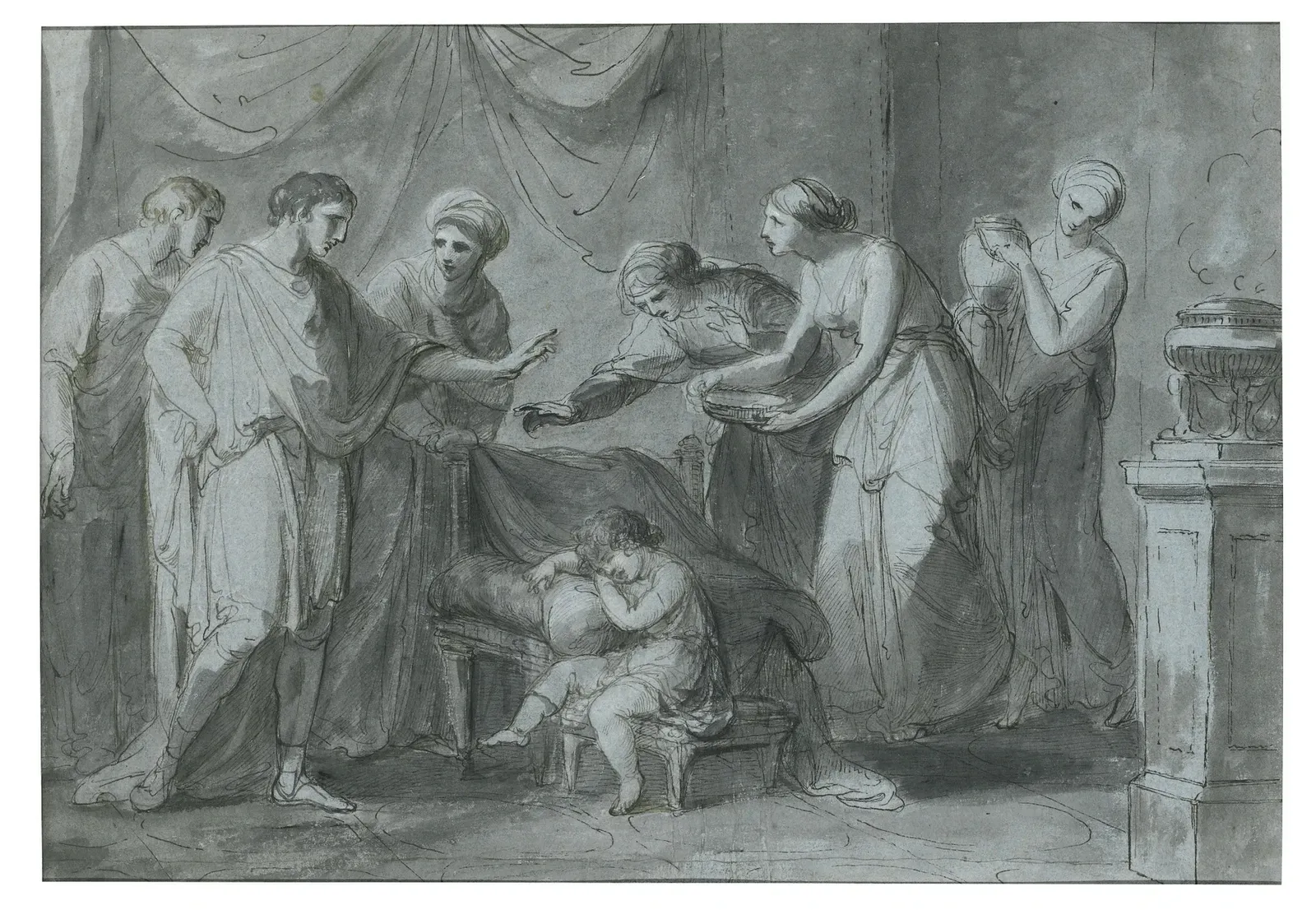 neoclassical drawing of the young servius tullius asleep in the palace of king tarquinius priscus
