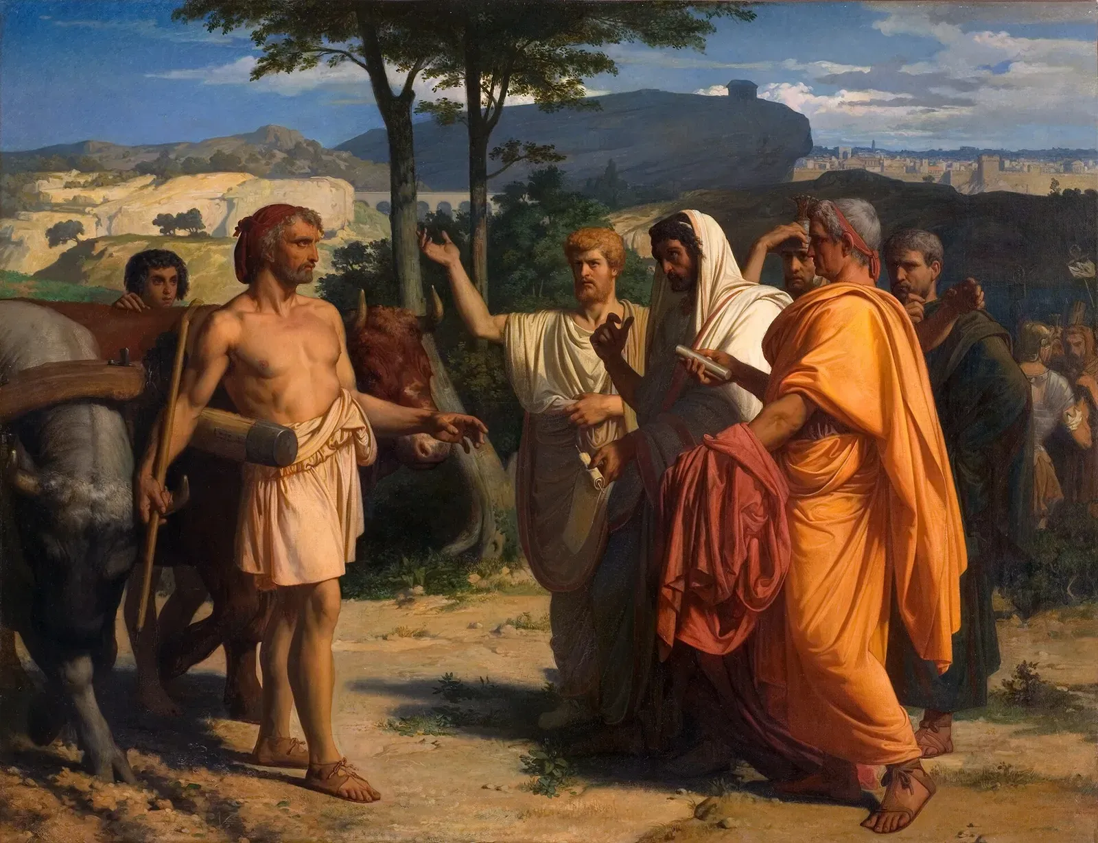 academic painting showing cincinnatus interrupting his work in the fields to receive the senate envoys