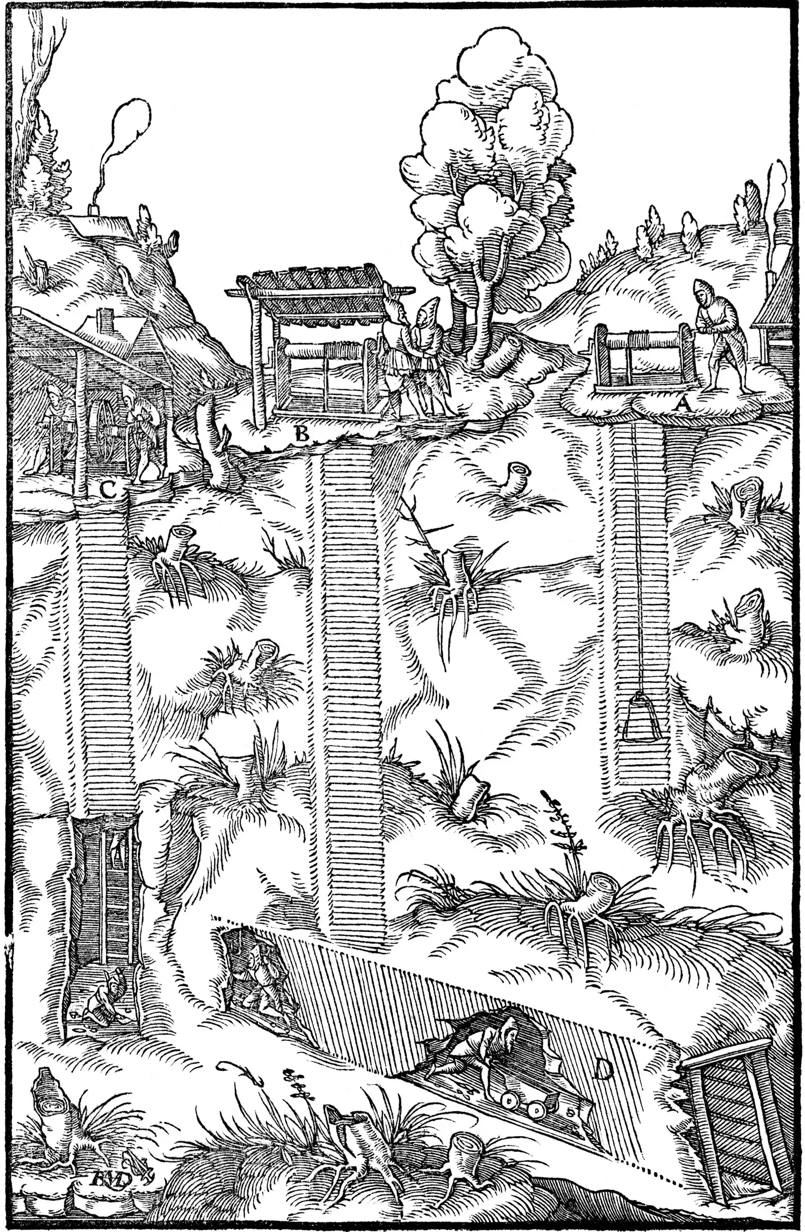 xilografía del siglo xvi en blanco y negro: sección de una colina minera con tres pozos verticales, tornos manejados por hombres en la superficie y, bajo tierra, mineros en las galerías, uno junto a una vagoneta