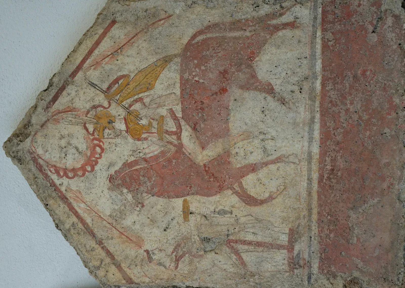 lucanian fresco from paestum: a warrior on horseback returns from battle escorted by attendants