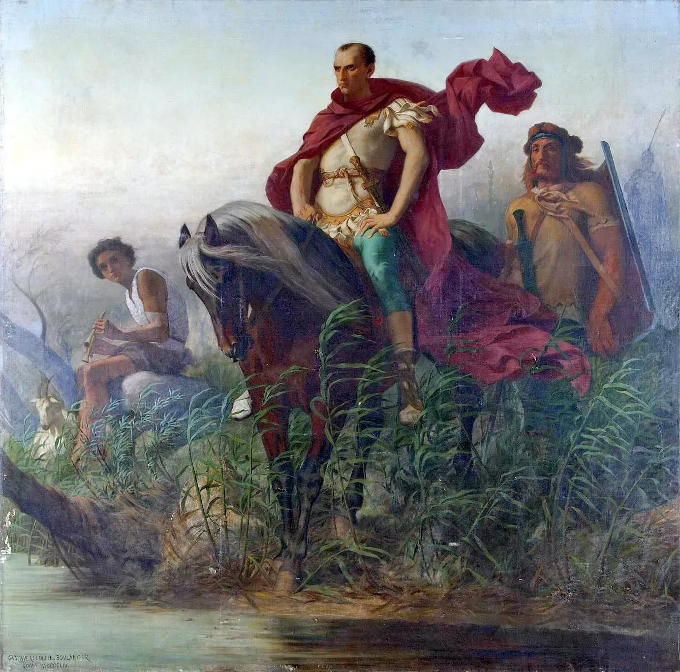 nineteenth-century painting of julius caesar on horseback halted before the rubicon with his troops