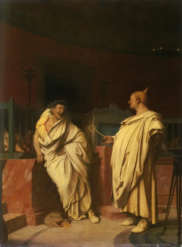 pintura de gérôme con dos augures romanos cruzando una mirada de complicidad