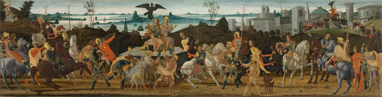 renaissance panel showing the entry of tarquinius priscus into rome on a cassone panel