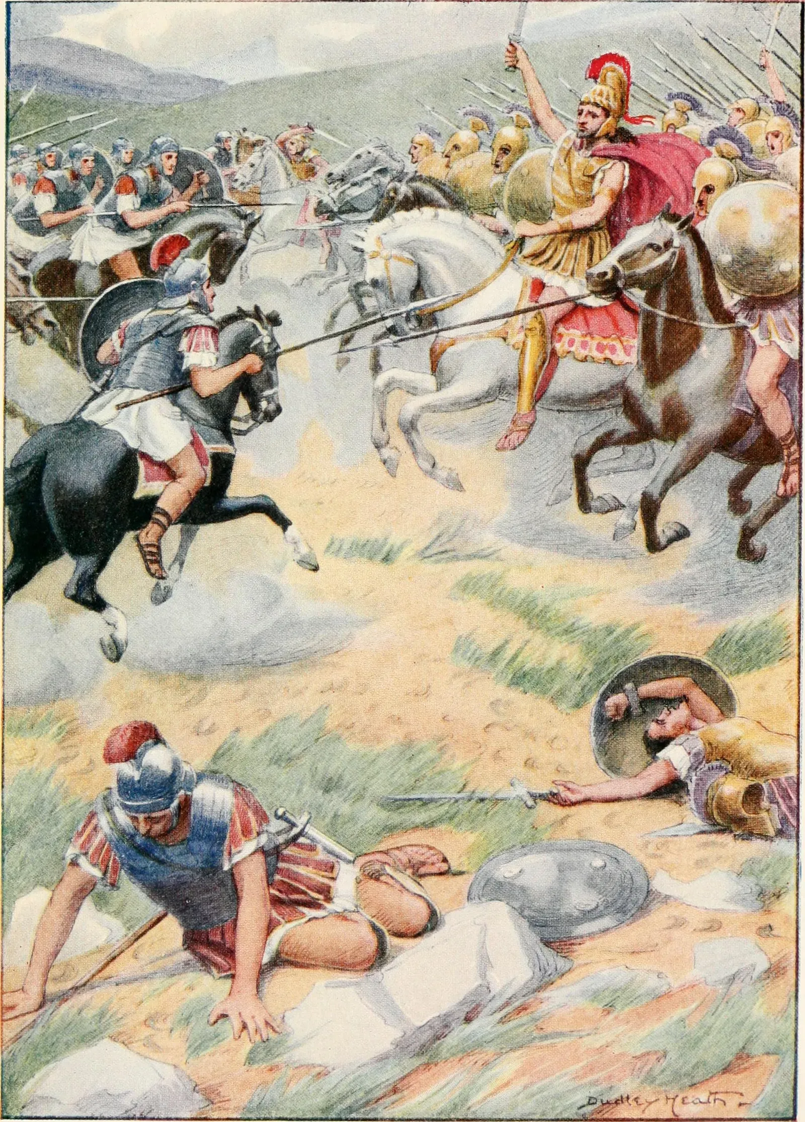 engraving: king pyrrhus of epirus on horseback leads his war elephants against the roman cavalry at the battle of heraclea, 280 BCE.