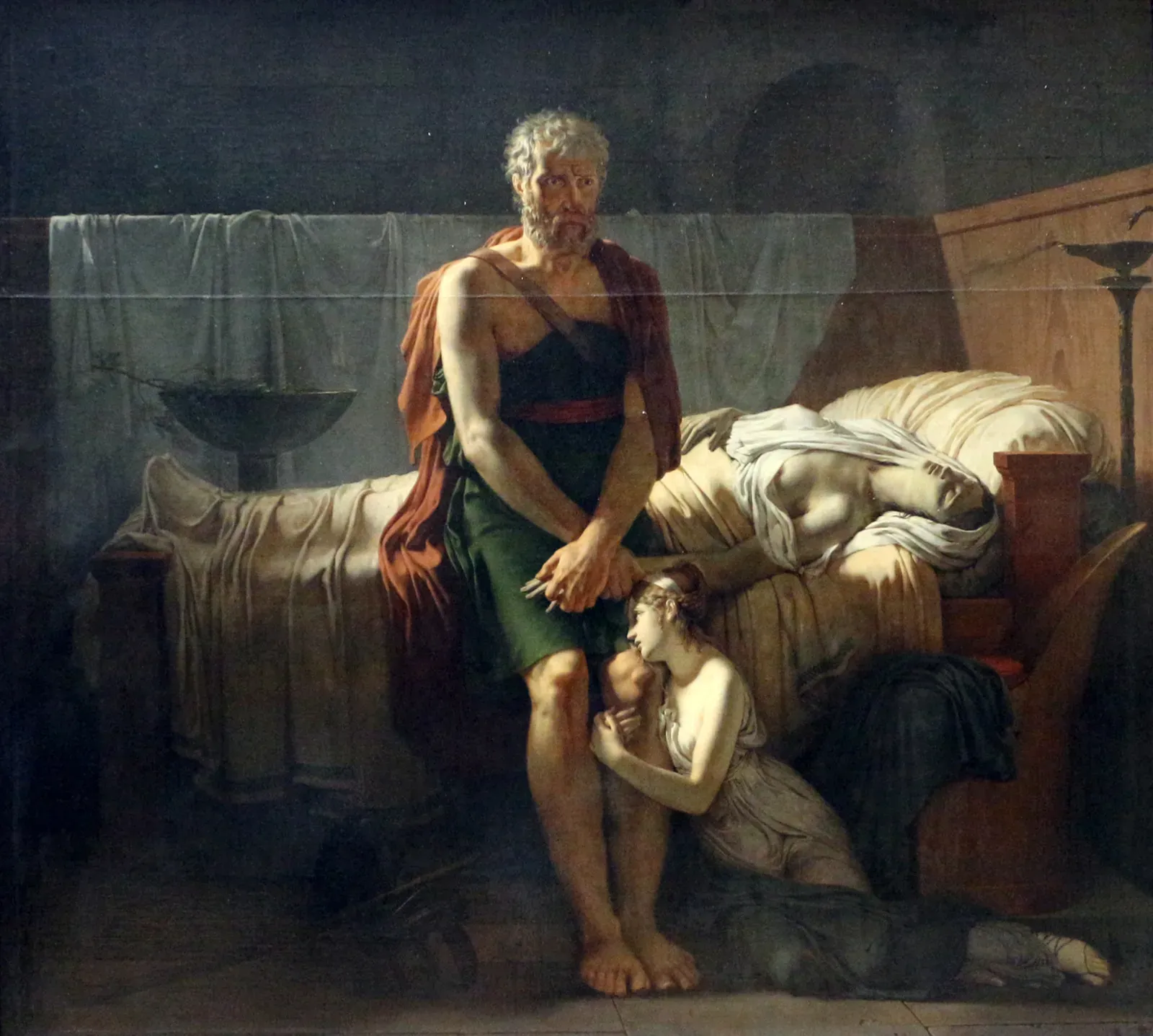 neoclassical painting of a roman general returning from exile to find his wife dead, seated by the deathbed as his daughter clings to his leg in mourning