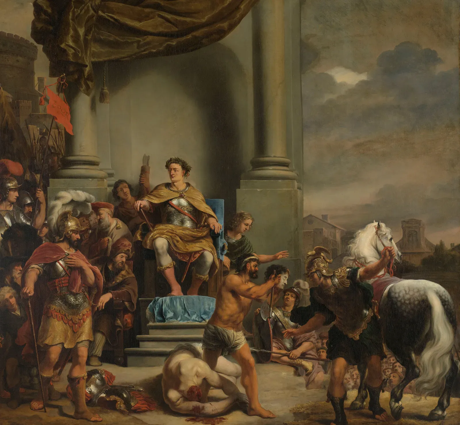 ferdinand bol painting: consul manlius torquatus enthroned between columns while an executioner holds up the severed head of his son, whose body lies on the ground