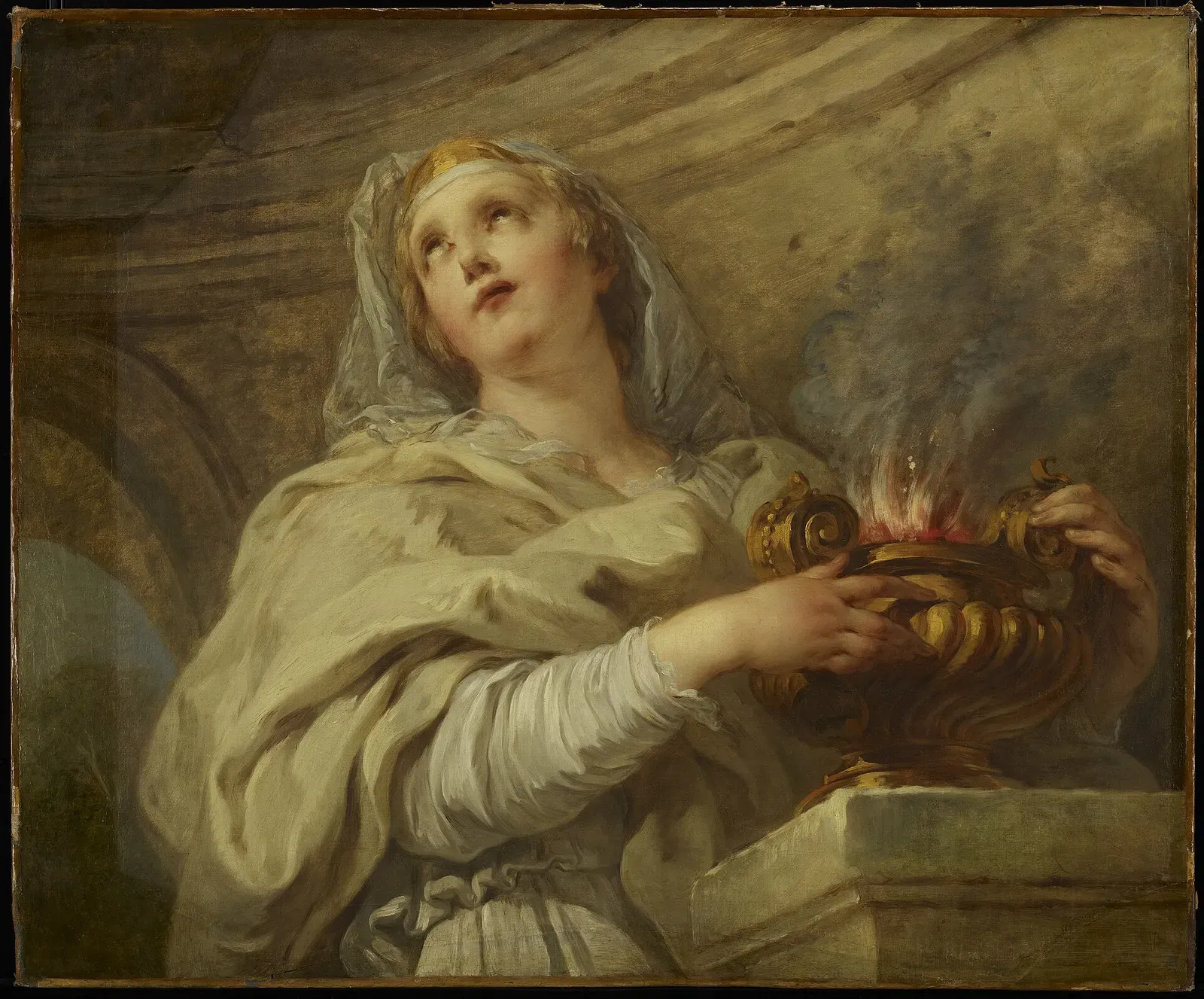 painting of a vestal virgin tending the sacred fire of the roman state