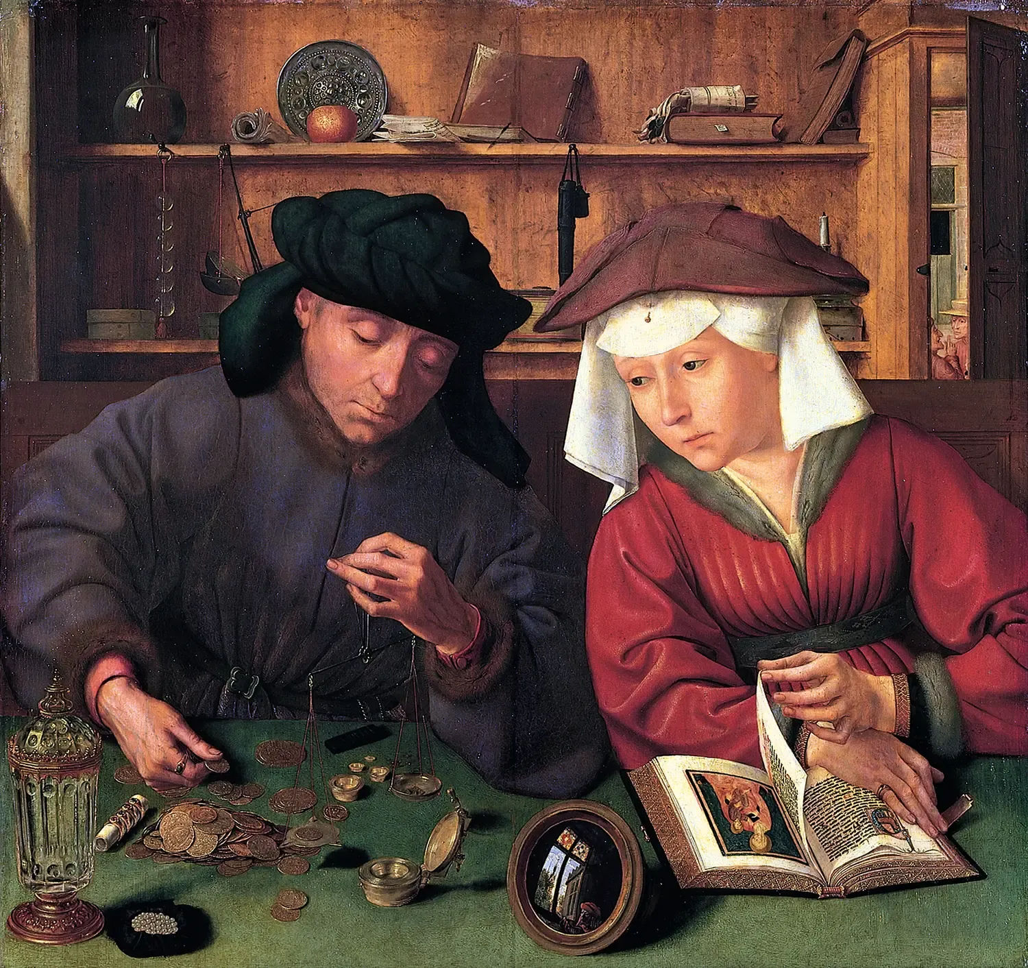 the moneylender weighs gold coins while his wife looks away from her prayer book. quentin massys, 1514.