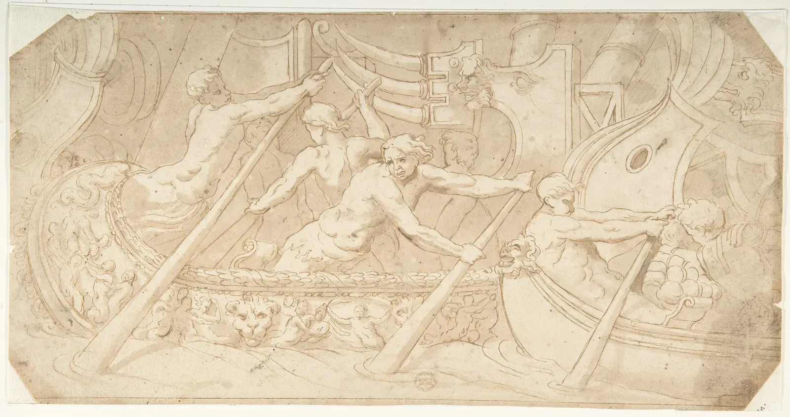 dibujo a pluma del siglo xvi de una galera romana con sus hileras de remos