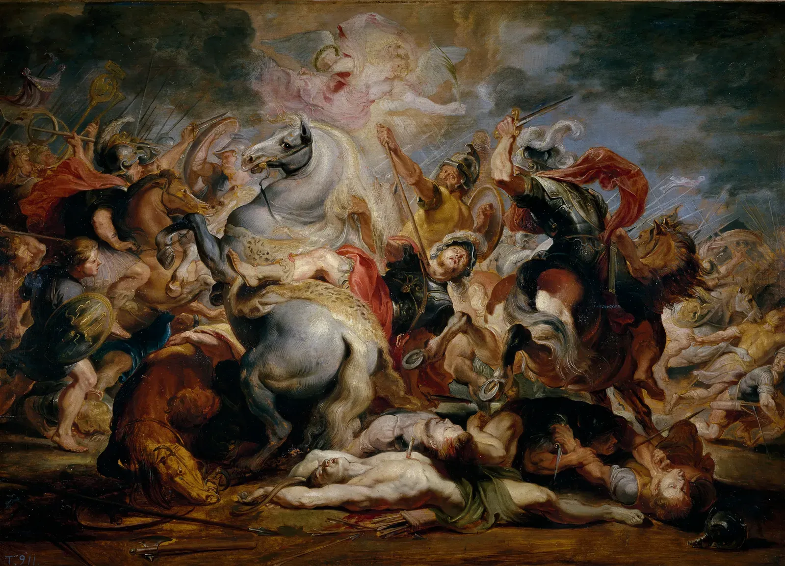 rubens oil sketch of decius mus charging to his death, his rearing horse struck down by enemy cavalry