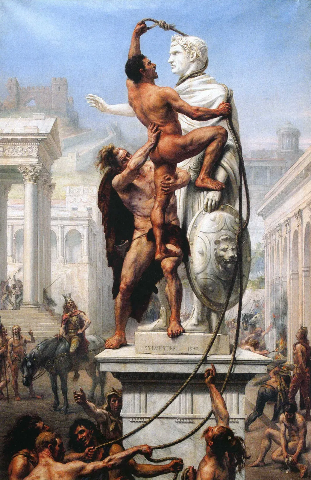 un guerrero godo derriba con una cuerda la estatua de un emperador romano mientras la ciudad arde al fondo