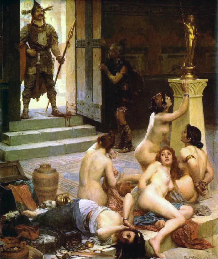 pintura académica de jamin con el caudillo galo breno contemplando el saqueo de roma y a sus prisioneras