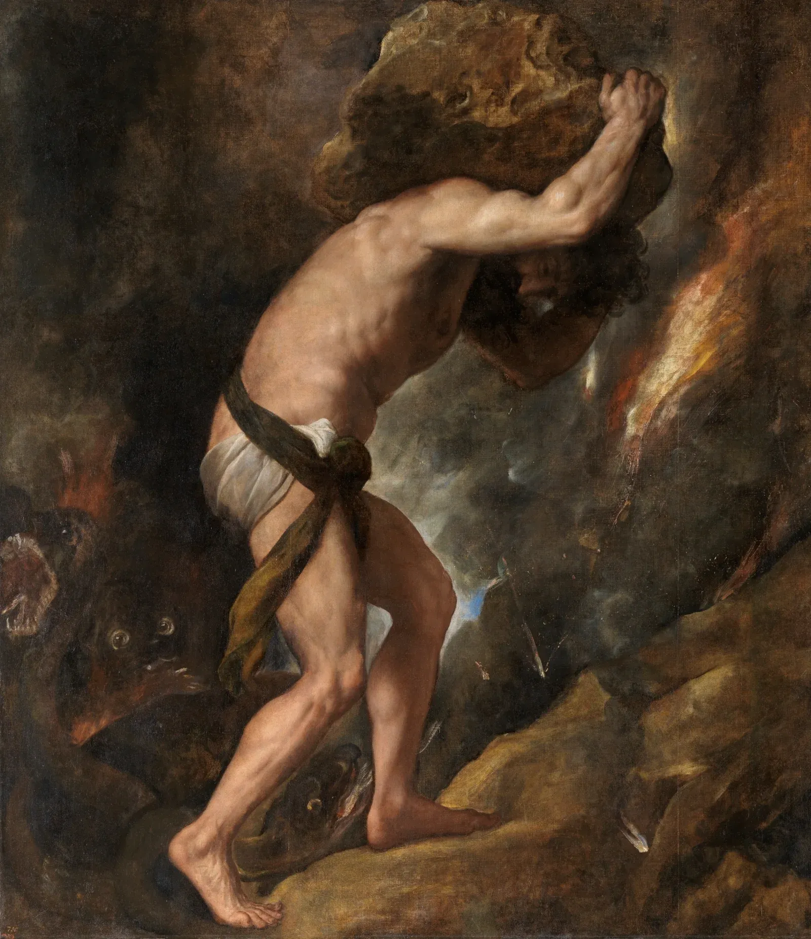 sisyphus eternally pushes the rock uphill in the underworld. titian, 1548–49.