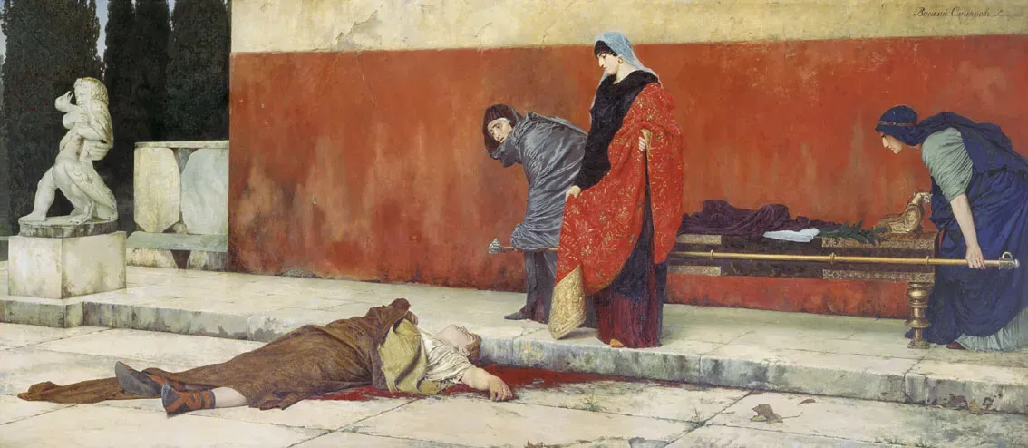 painting by smirnov: the lifeless body of nero surrounded by figures after his fall in the year 68