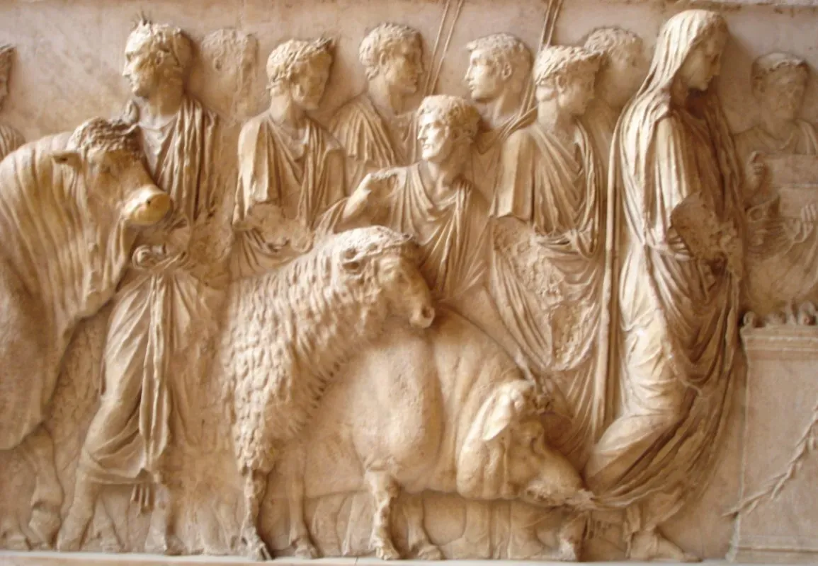 roman marble relief with a sacrifice procession and the ritual animals