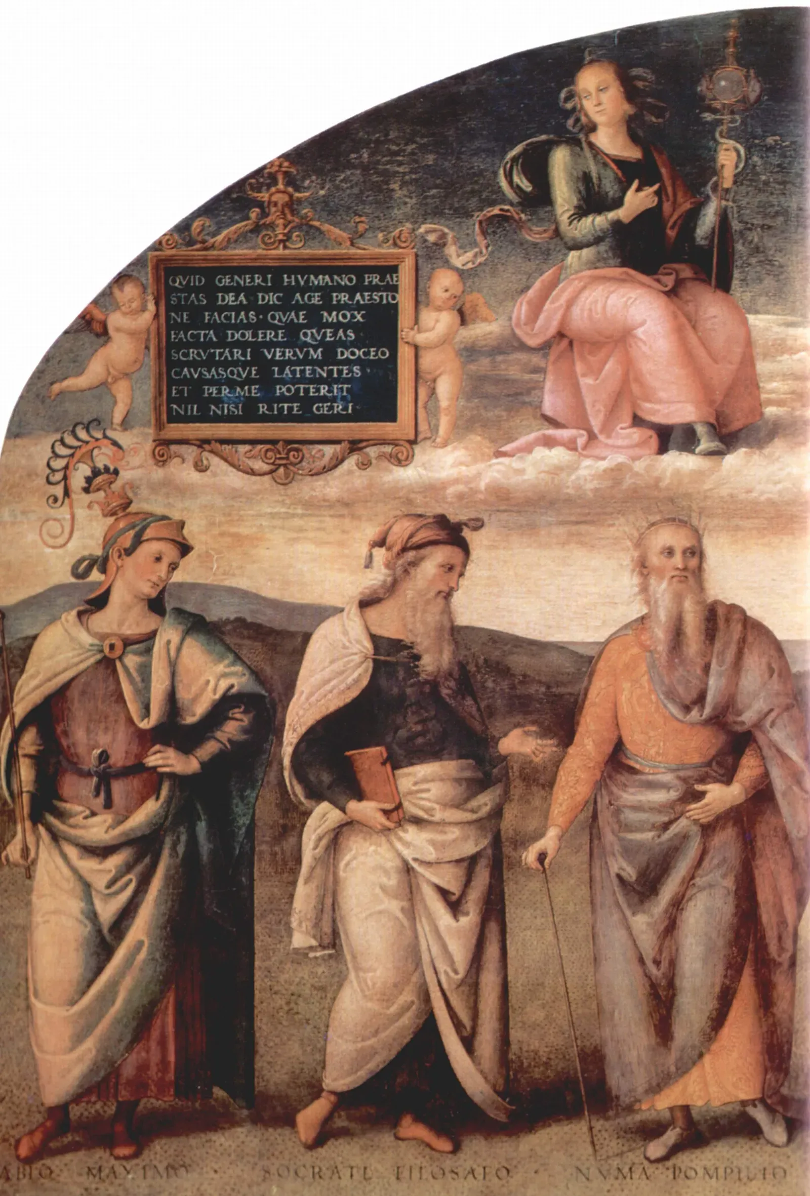 fresco renacentista: arriba, la prudencia sentada en las nubes junto a una cartela con una inscripción latina; abajo, tres figuras de pie con su nombre pintado al pie: fabio máximo a la izquierda, joven, con yelmo de cimera y manto, junto a sócrates y numa pompilio