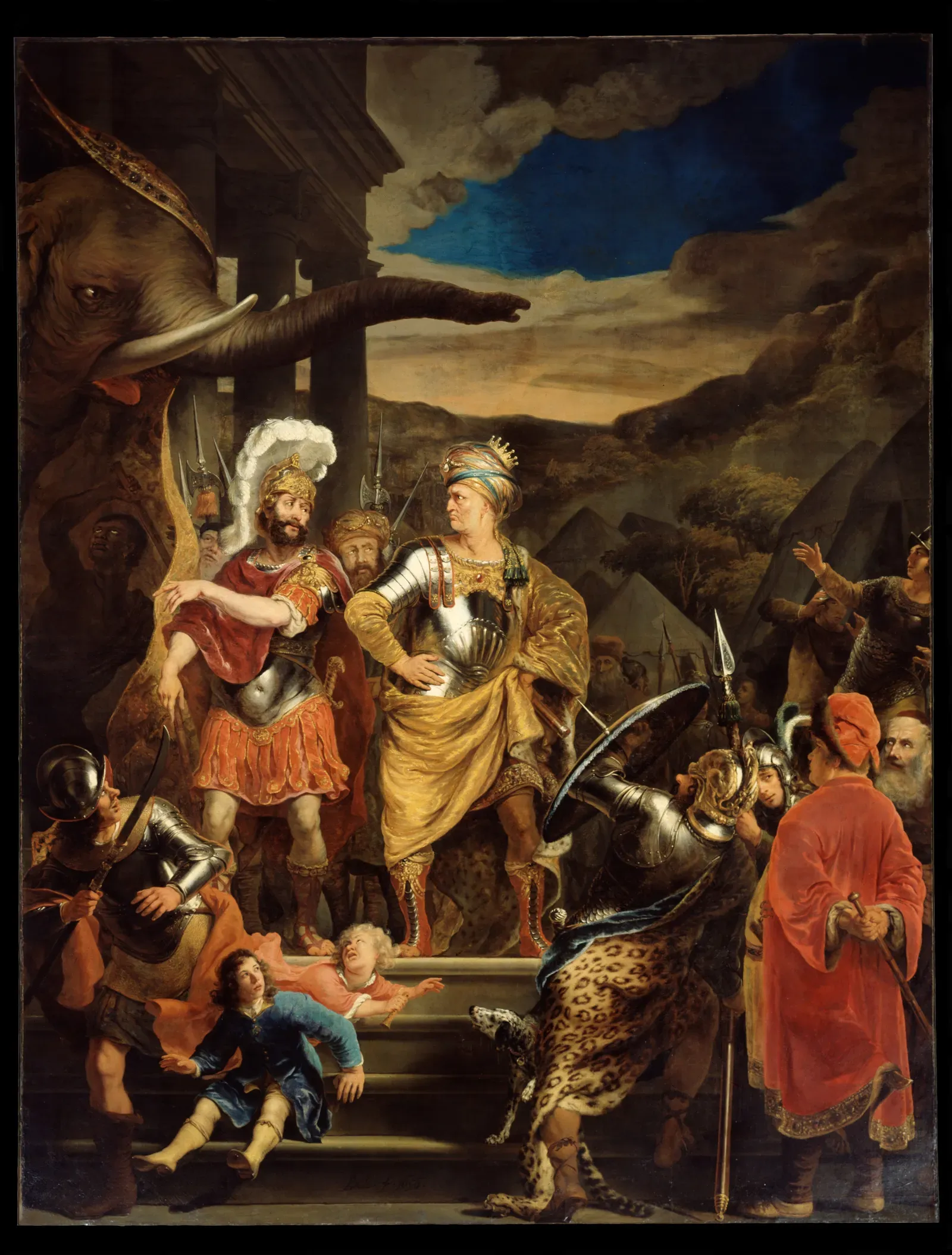 pintura de ferdinand bol: el cónsul fabricio permanece firme ante el rey pirro y su elefante de guerra