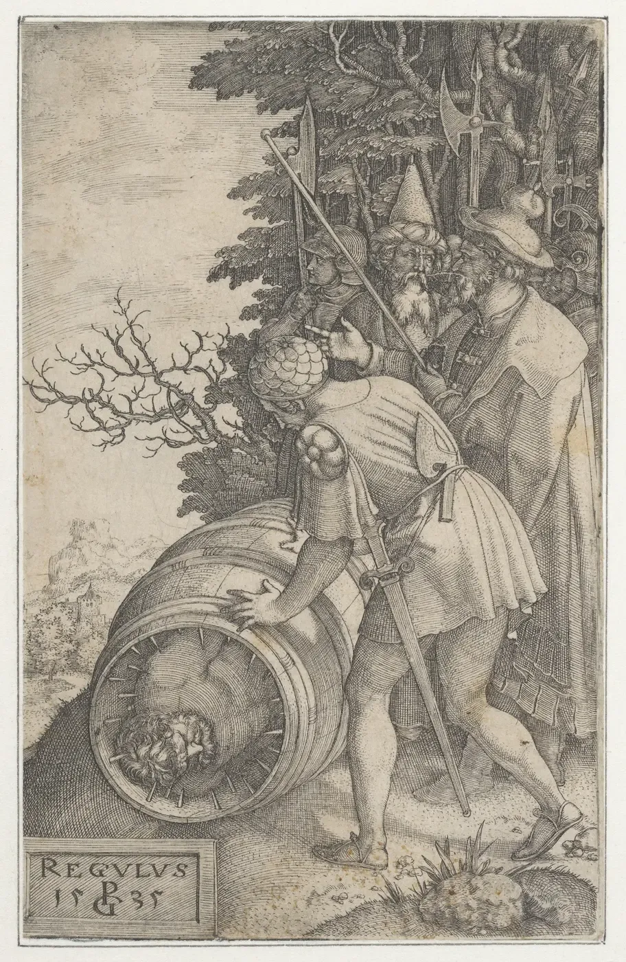 grabado de 1535 que representa la leyenda del suplicio de régulo en un tonel erizado de clavos