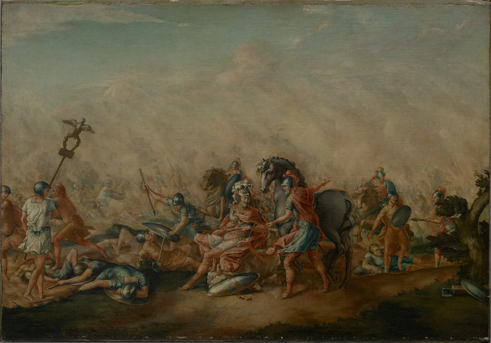 pintura del siglo xviii de la muerte de paulo emilio en cannas: el cónsul, herido, sentado en el suelo entre los caídos, junto a un soldado que sujeta un caballo; al fondo, un águila de legión entre el polvo de la batalla