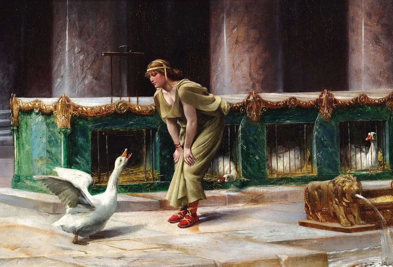 pintura acadèmica de motte amb una sacerdotessa de juno descobrint les oques sagrades del capitoli