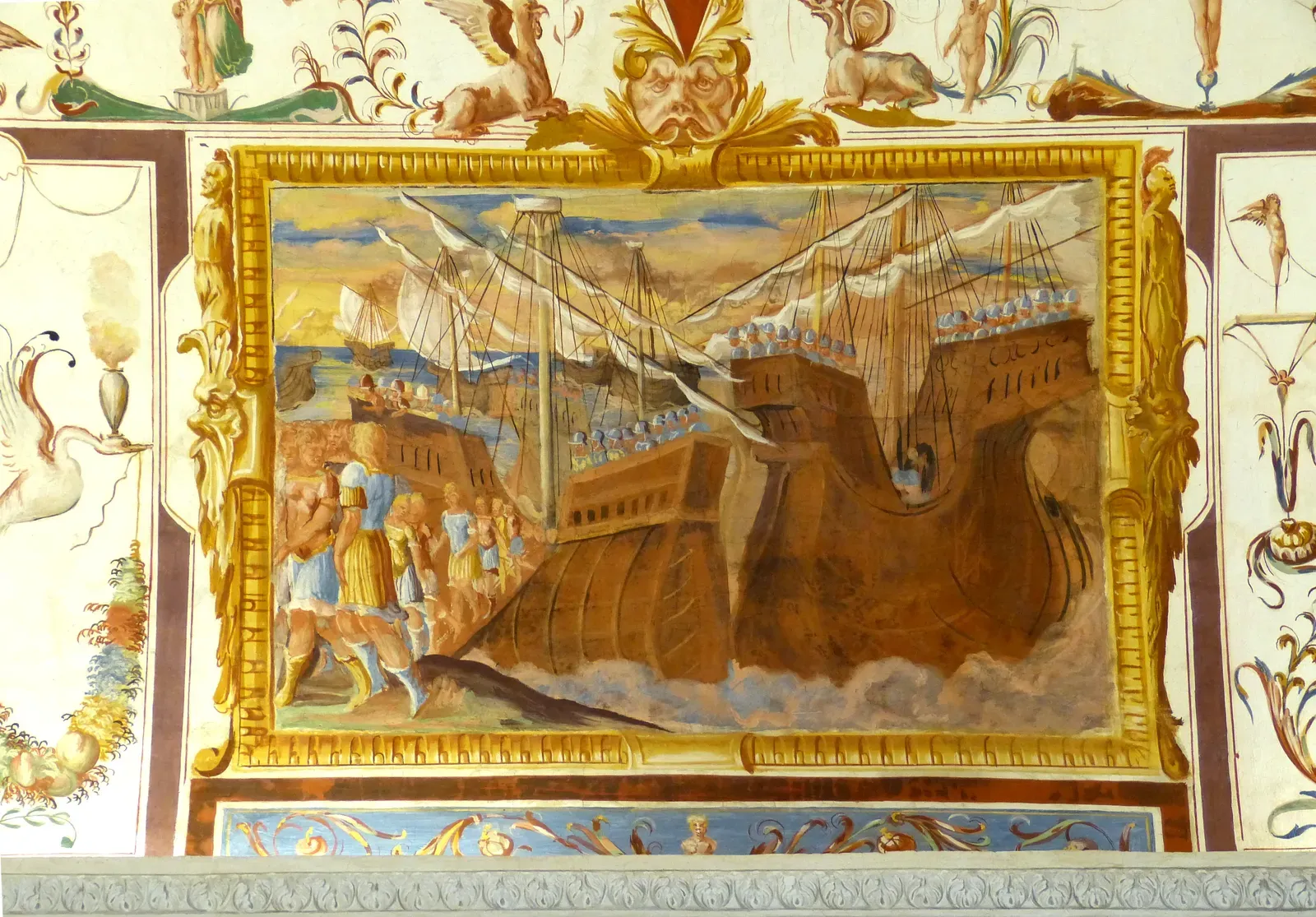 fresco renacentista: la emboscada de aníbal al ejército romano en la orilla del lago trasimeno, con tropas desembarcando y chocando entre la niebla en el 217 a.n.e.