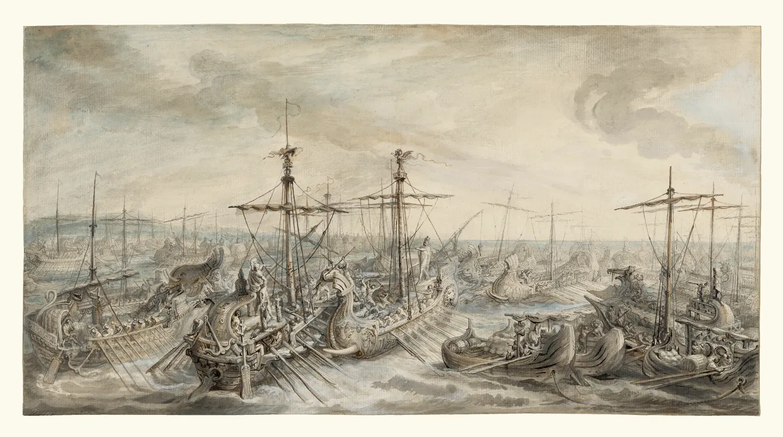 acuarela de gabriel de saint-aubin: la flota romana derrota a la cartaginesa en una batalla naval de la primera guerra púnica, con los buques de guerra embistiéndose unos a otros.