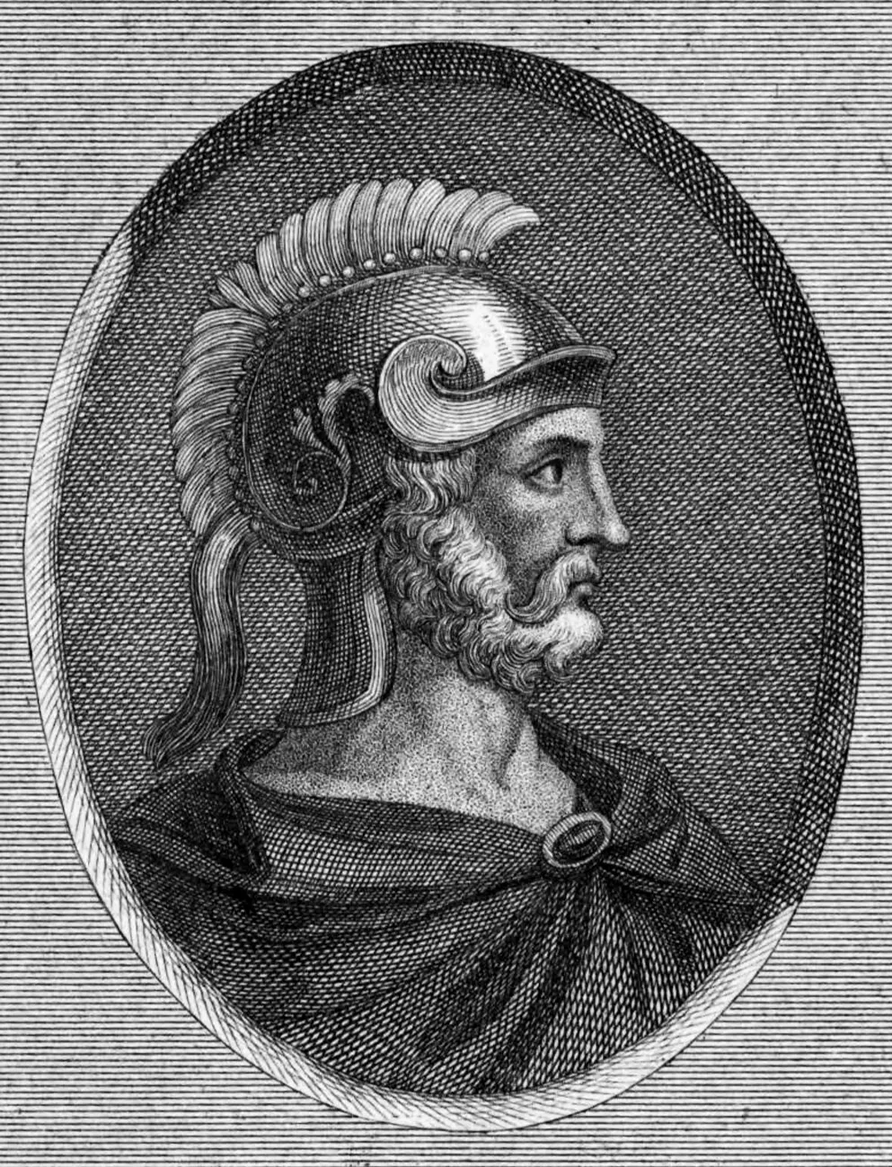 retrato grabado de amílcar barca en óvalo, de perfil, barbado y con casco de cimera