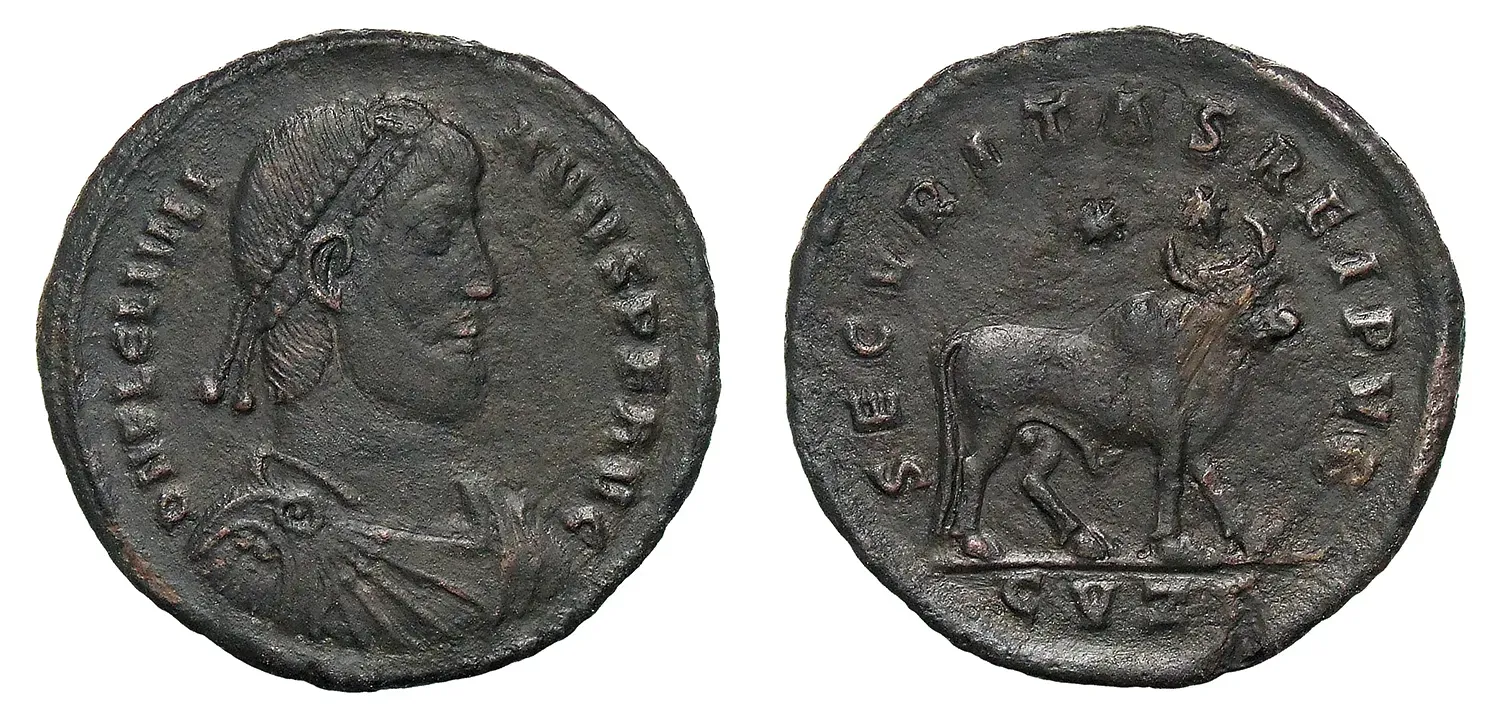 moneda romana antigua de juliano el apóstata: un busto con diadema en el anverso y un toro con dos estrellas en el reverso, con la inscripción d n fl cl ivlianvs p f avg