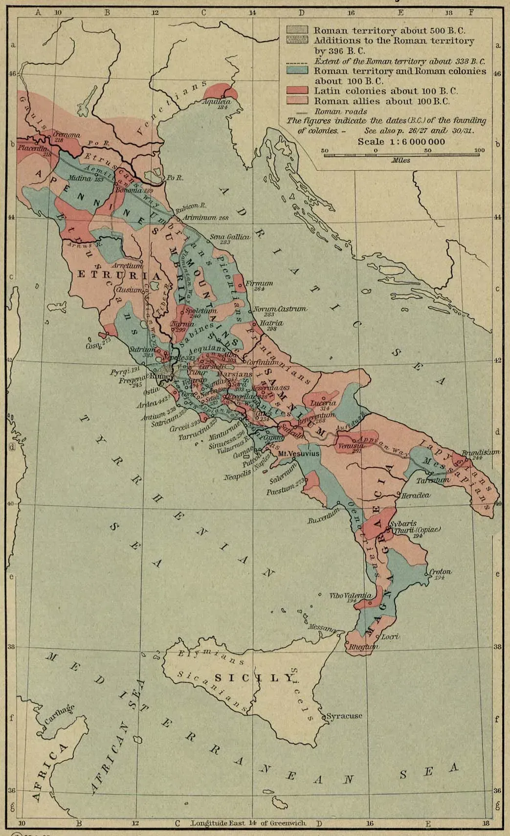 mapa histórico de italia coloreado por categorías: territorio romano, colonias latinas y aliados hacia el 100 antes de nuestra era