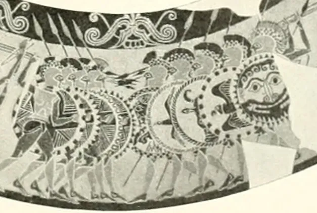 detail of the chigi vase showing two formations of hoplites in phalanx facing each other with shields and spears
