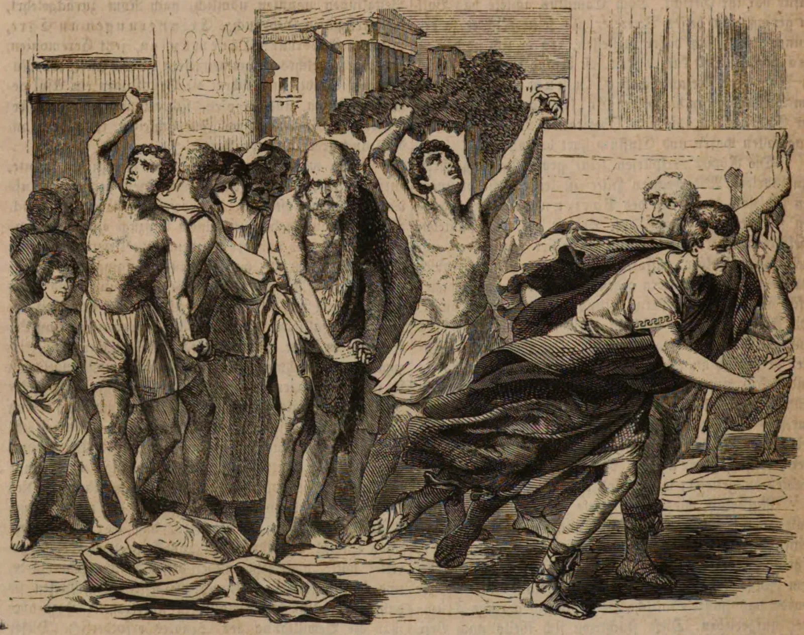 engraving: the plebeians rise up and withdraw from rome in their struggle against the ruling patrician class, in the secession of the plebs.