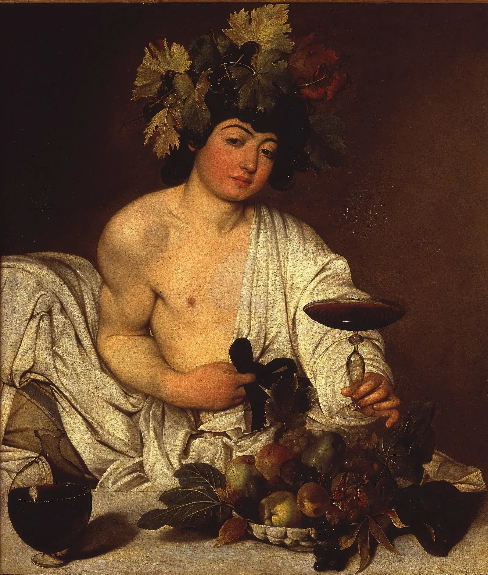 painting of young bacchus holding a cup of wine, by caravaggio
