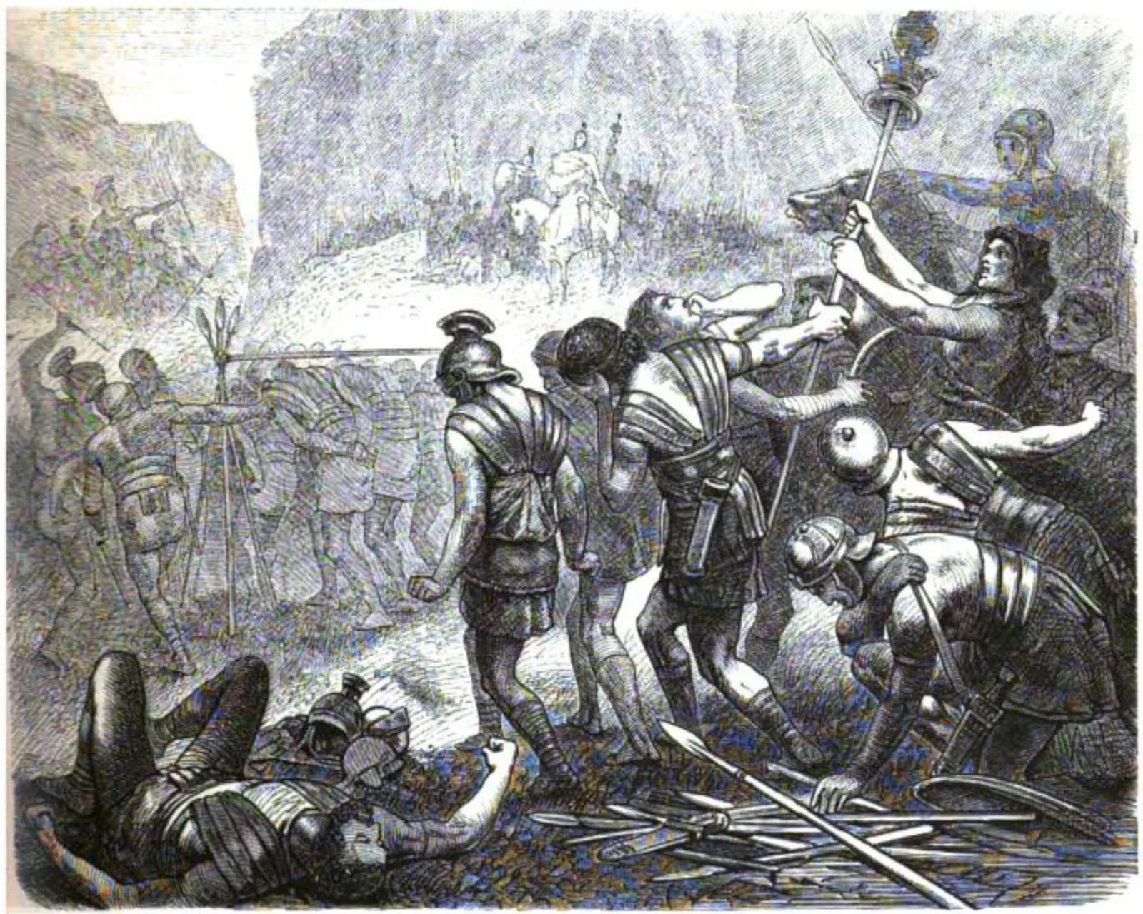 engraving by hermann vogel: the defeated roman army passes bowed and disarmed under the samnite yoke, a frame of spears, after the humiliation at the caudine forks.