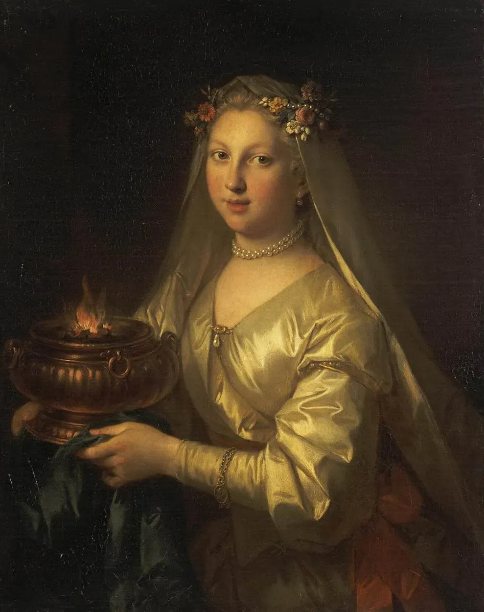 painted portrait of a roman vestal virgin beside the sacred fire of the state