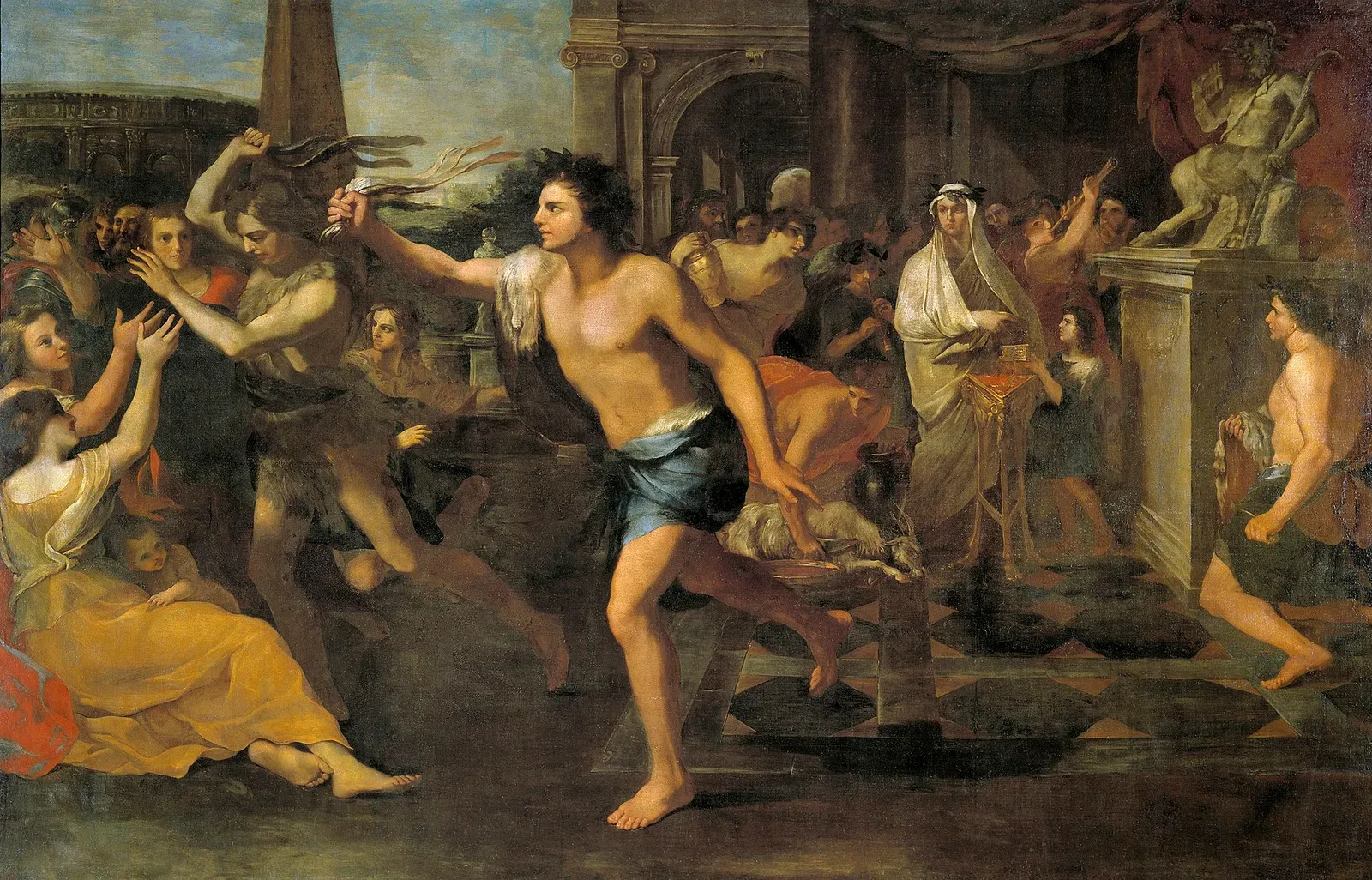 barockes gemälde der lupercalia mit nackten figuren, ziegen und einer menschenmenge um einen altar