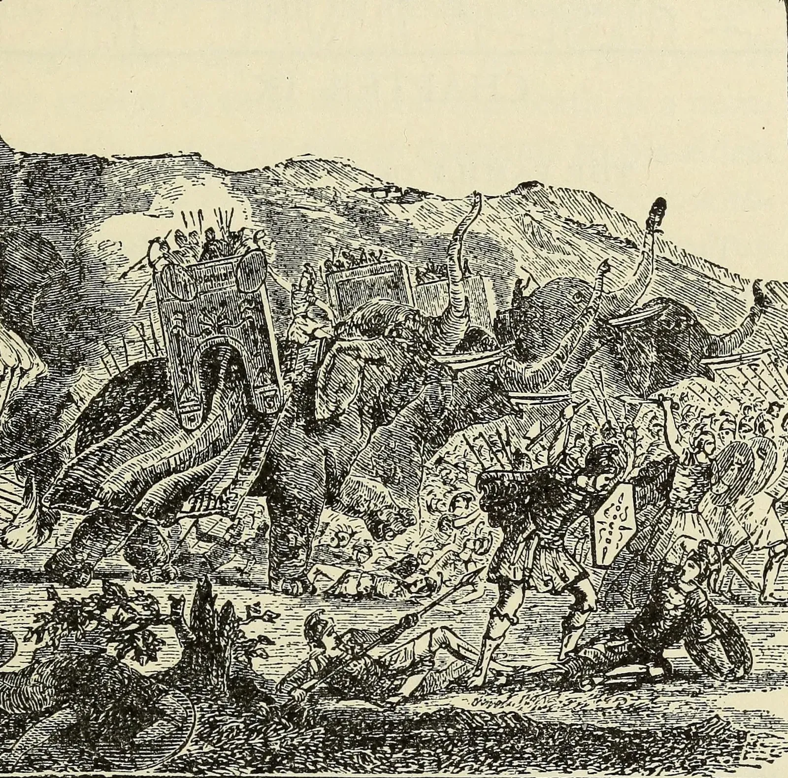 grabado del siglo xix: elefantes de guerra presa del pánico se desbandan y pisotean sus propias filas en la batalla de benevento, 275 a.n.e.