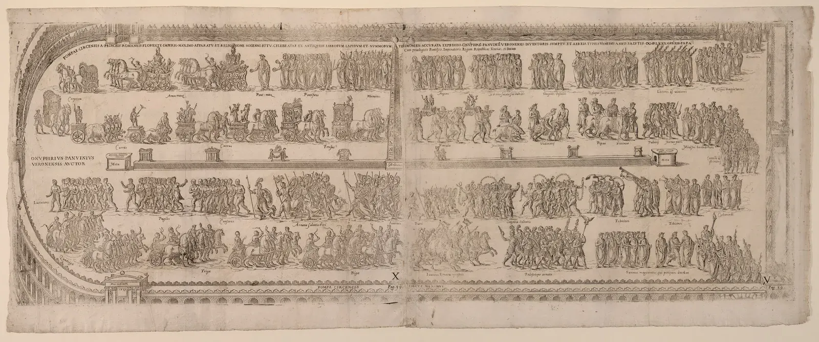 grabado panorámico de la pompa circense: filas de sacerdotes, magistrados, carros y músicos desfilando por el circo