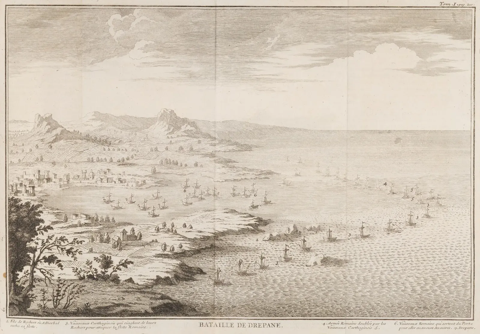 grabado del siglo xviii de la batalla naval de drépano, con la flota cartaginesa saliendo del puerto