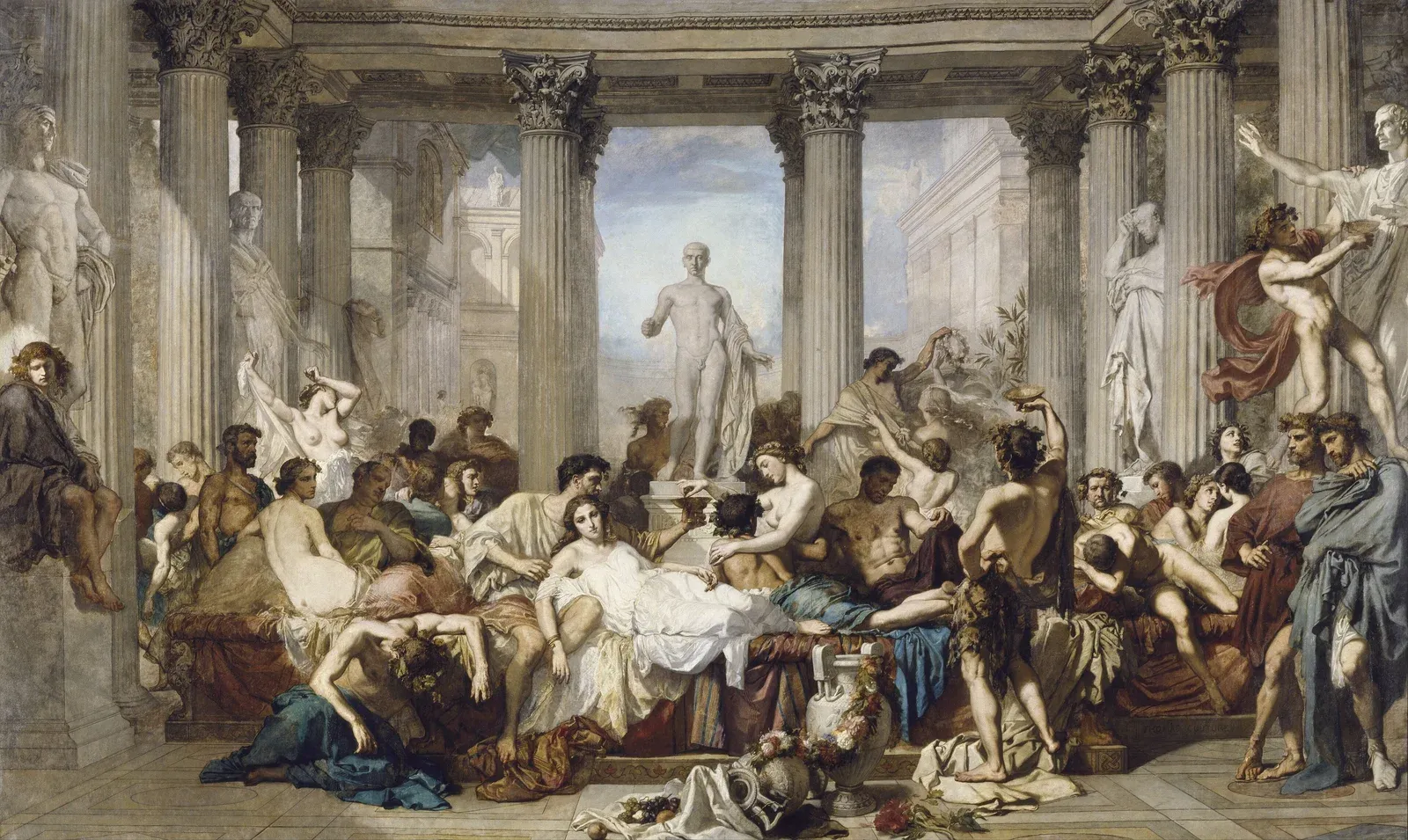 the roman banquet at the height of decadence, watched from the edge by the austere busts of the ancestors. couture, 1847.