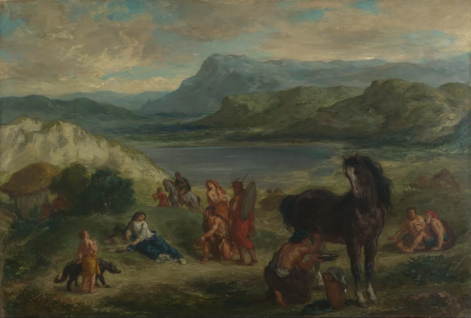 ovid, exiled by augustus, receives the curious greeting of the scythians on the black sea shore. delacroix, 1859.